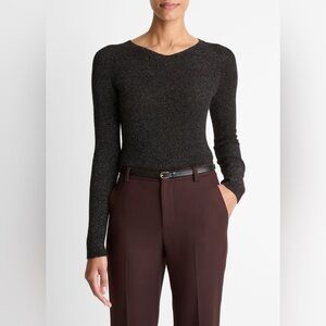 Vince Metallic Ribbed High V-Neck Black Sweater L